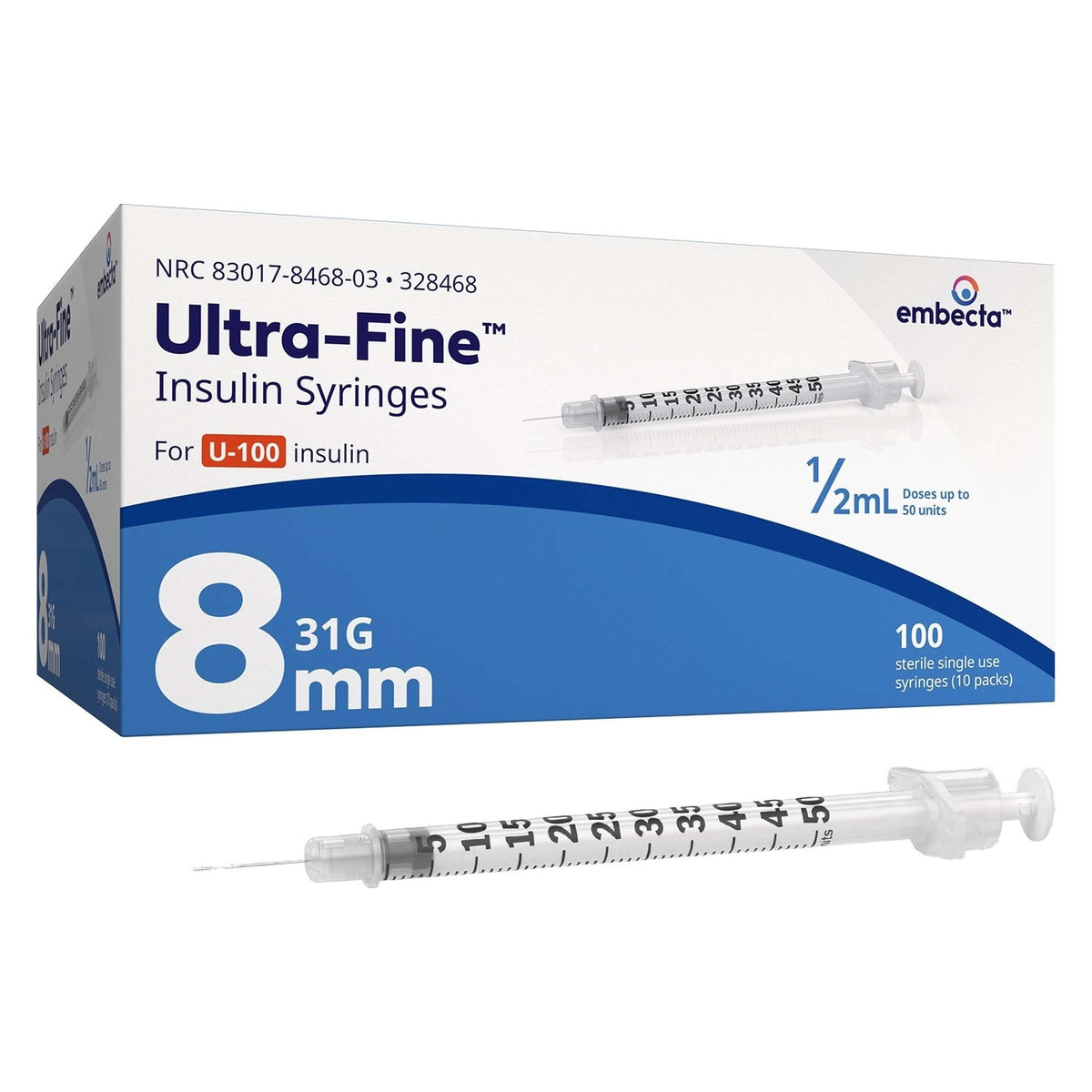 Embecta Ultra-fine Insulin Syringes 0.5ML 31g 8mm 100 Pack