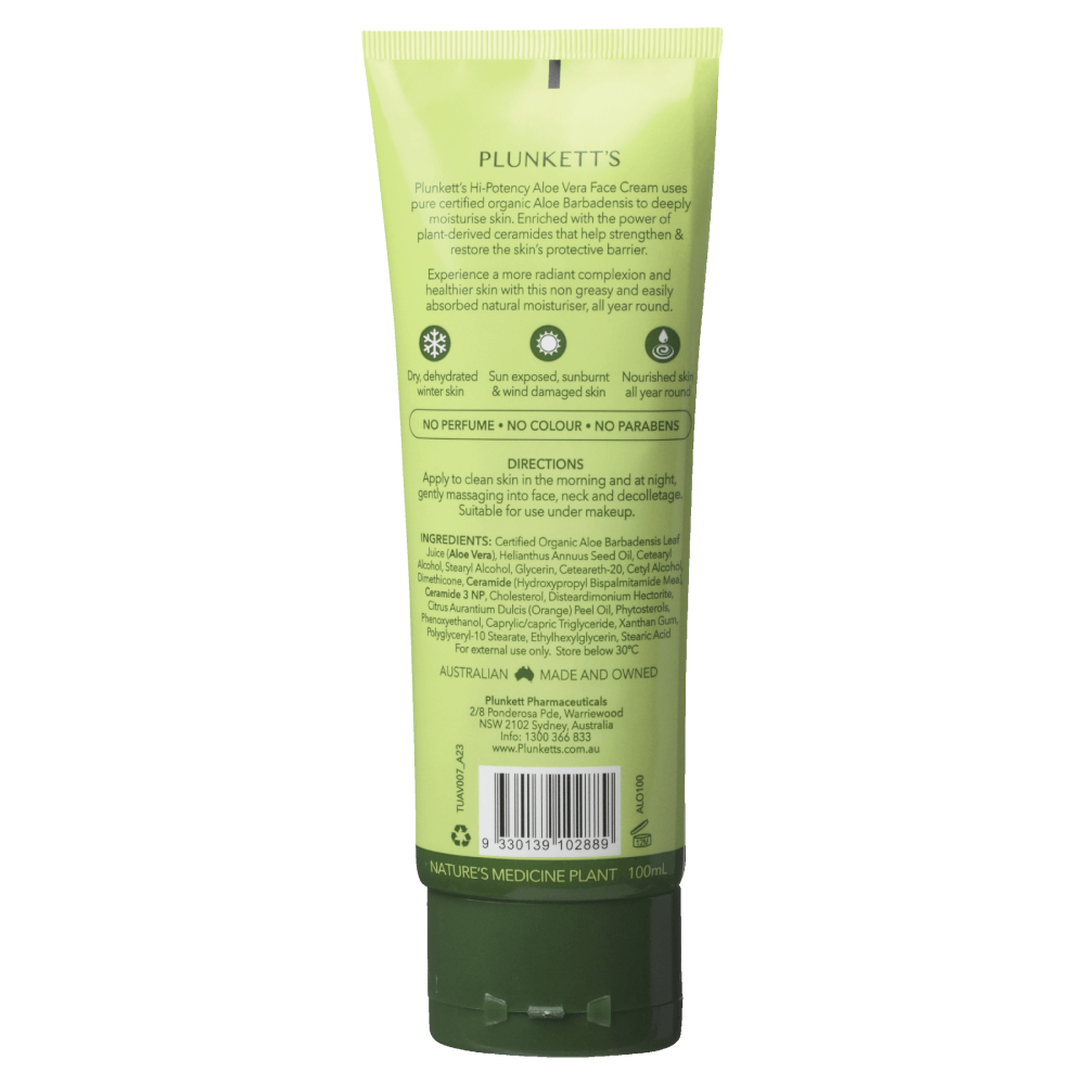 Plunkett’s Hi-Potency Aloe Vera Replenishing Face Cream with Ceramides 100mL - Cutprice Online