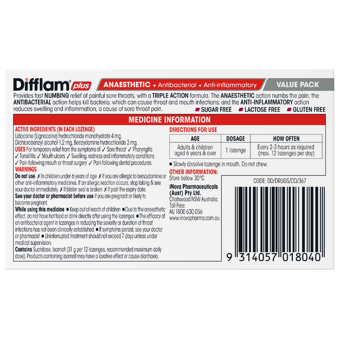 Difflam Plus Anaesthetic Sore Throat Triple Action Lozenges Berry Flavour 32 Lozenges