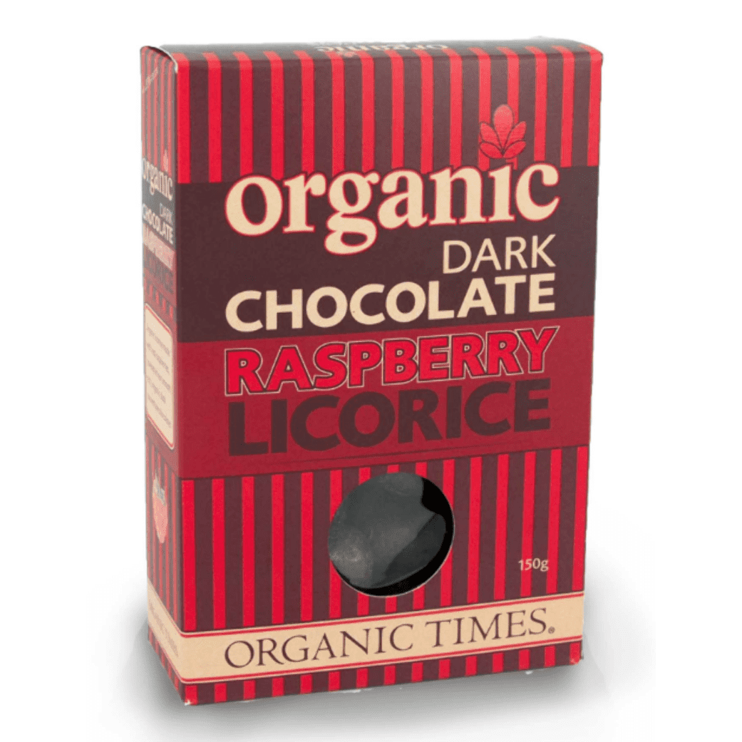 ORGANIC TIMES Dark Chocolate Raspberry Licorice 150g - Cutprice Online