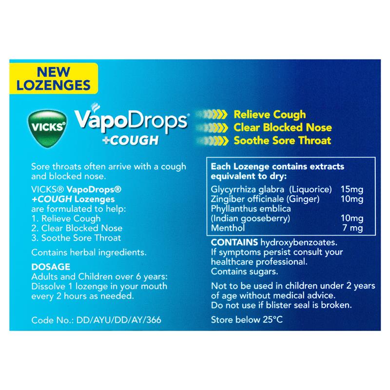 Vicks VapoDrops + Cough Honey Lemon Menthol 36 Lozenges - Cutprice Online