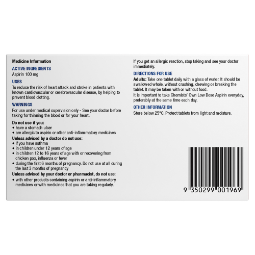 Chemists' Own Cardio Aspirin 100Mg EC 28 Tablets