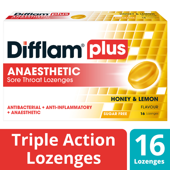Difflam PLUS Sore Throat Lozenges Honey Lemon Sugar Free 16 Lozenges