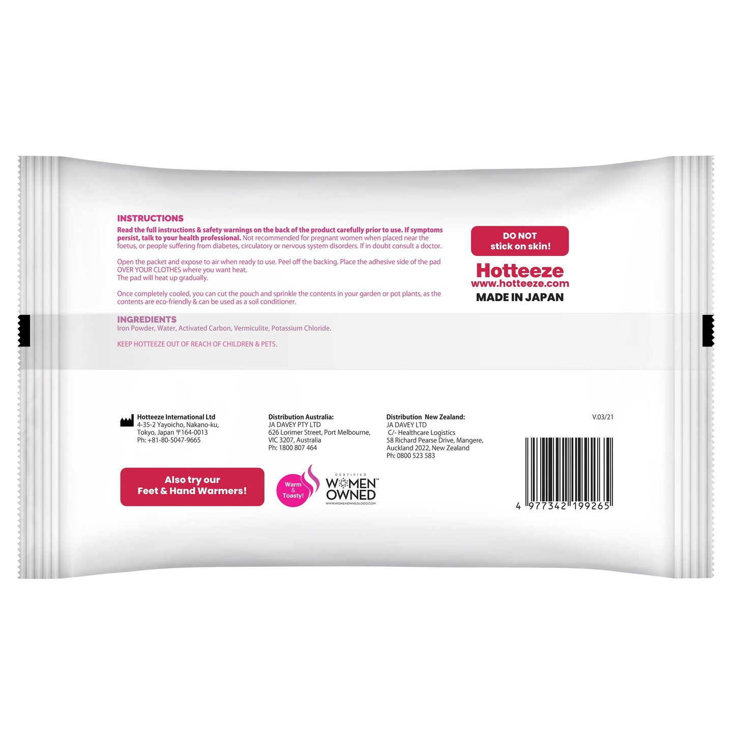 Hotteeze Heat Pads Pain Relief Patches for Period, Back and Shoulder pain 10 Pack - Cutprice Online