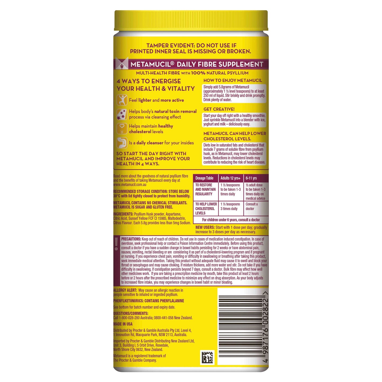Metamucil Fibre Supplement Smooth Texture Lemon-Lime Flavour 72 doses 425g - Cutprice Online