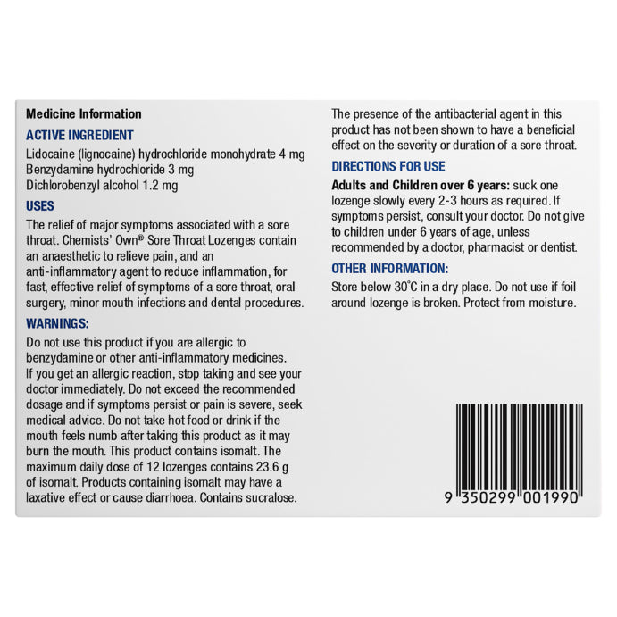 Chemists’ Own Sore Throat Raspberry 16 Lozenges - Cutprice Online
