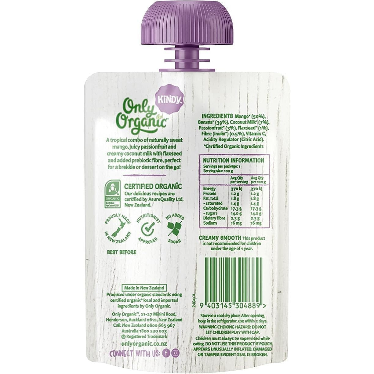 Only Organic Mango Banana Passion Coconut Flax Seed Baby Food 100g Pack of 6