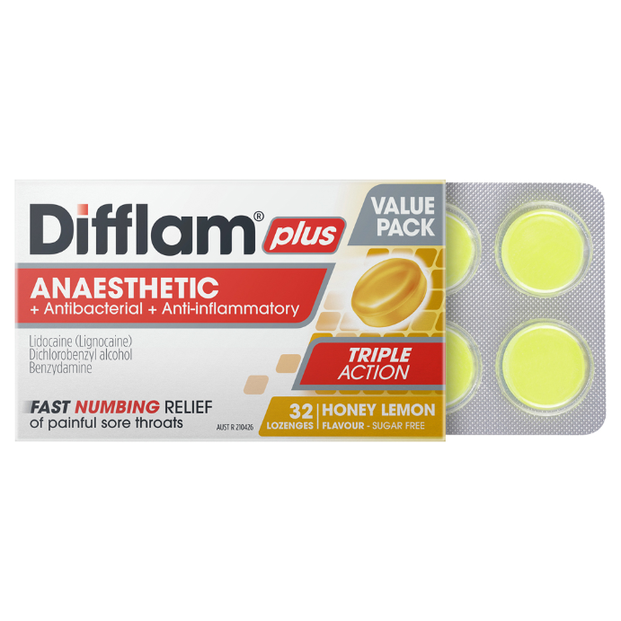 Difflam Plus Anaesthetic Sore Throat Lozenges Honey & Lemon 32PK