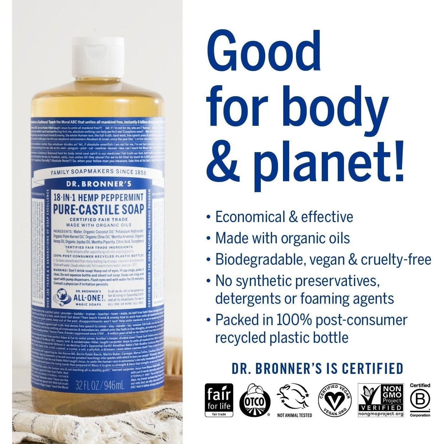 Dr. Bronner's Pure-Castile Soap Liquid (Hemp 18-in-1) Peppermint 946ml - Cutprice Online