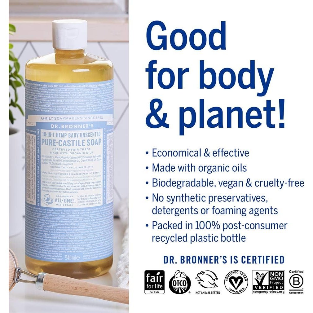 Dr. Bronner's Pure-Castile Soap Liquid (Hemp 18-in-1) Unscented (Baby) 946ml - Cutprice Online