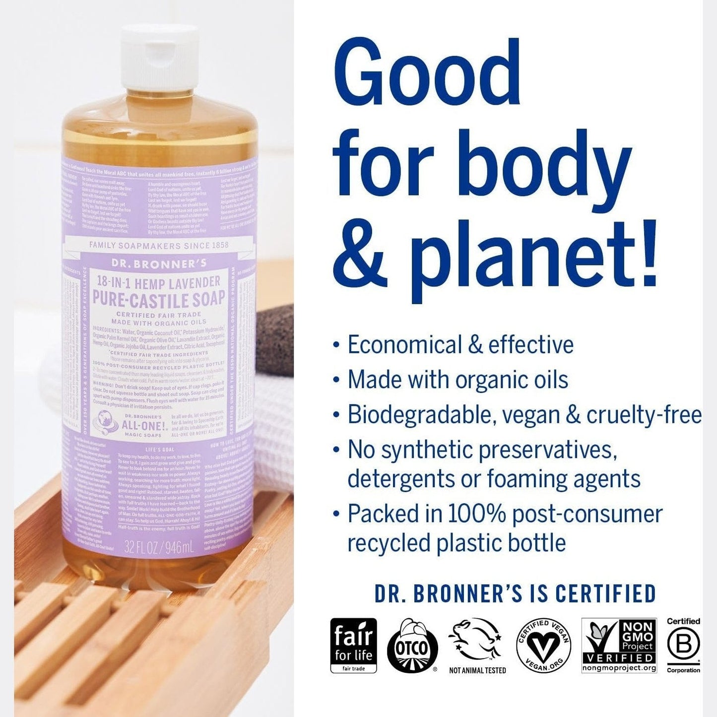 Dr. Bronner's Pure-Castile Soap Liquid (Hemp 18-in-1) Lavender 946ml - Cutprice Online
