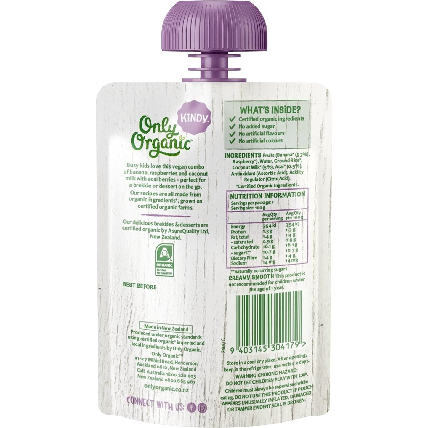 Only Organic Coconut Banana and Acai Kindy 1-5 Years - 100g Pack of 6