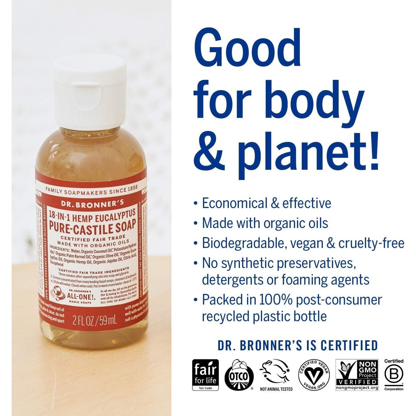 Dr. Bronner's Pure-Castile Soap Liquid (Hemp 18-in-1) Eucalyptus 59ml - Cutprice Online