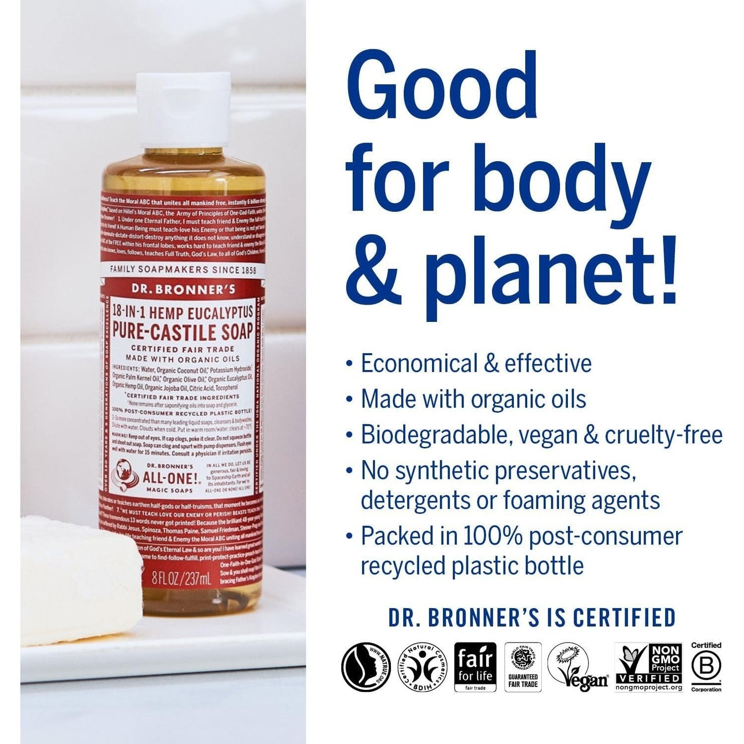 Dr. Bronner's Pure-Castile Soap Liquid (Hemp 18-in-1) Eucalyptus 237ml - Cutprice Online