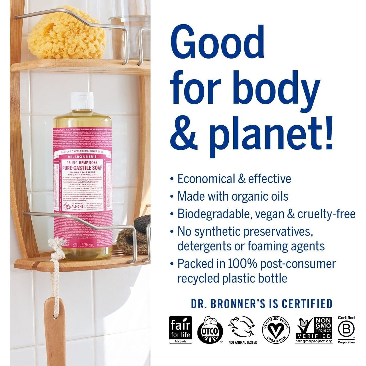Dr. Bronner's Pure-Castile Soap Liquid (Hemp 18-in-1) Rose 946ml - Cutprice Online