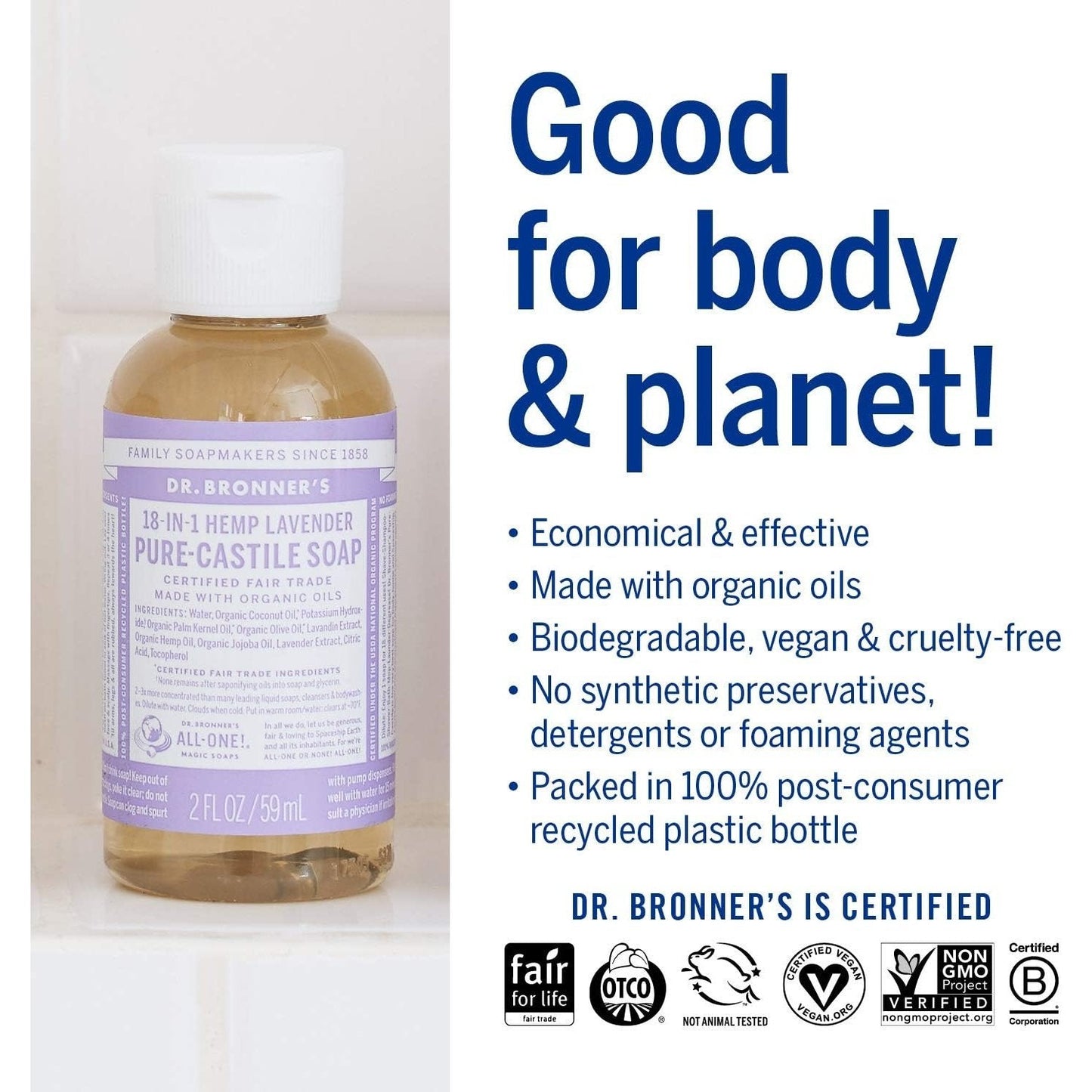 Dr. Bronner's Pure-Castile Soap Liquid (Hemp 18-in-1) Lavender 59ml - Cutprice Online