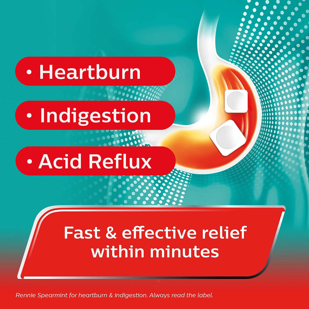 Rennie Indigestion and Heartburn Relief Spearmint 96 Chewable Tablets