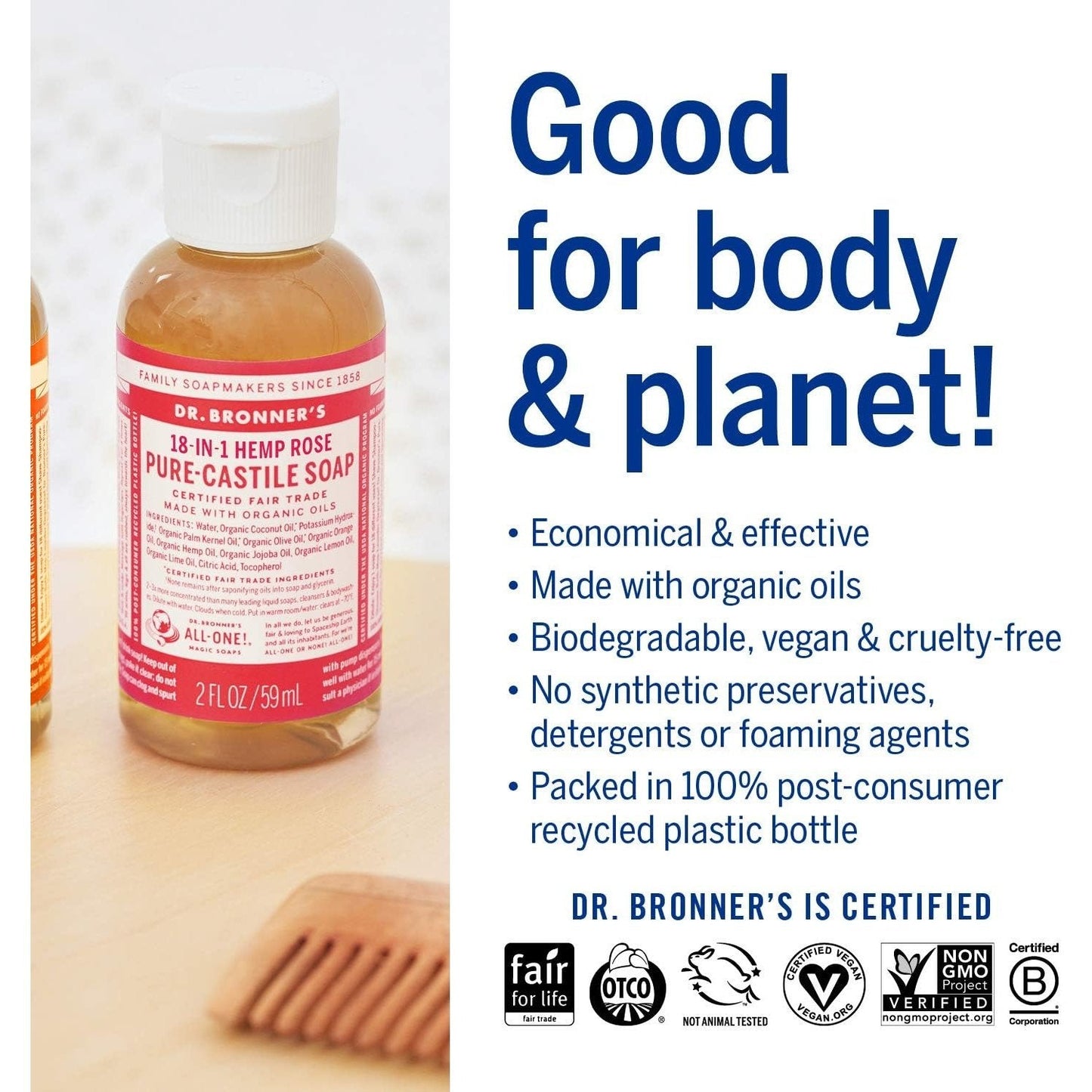 Dr. Bronner's Pure-Castile Soap Liquid (Hemp 18-in-1) Rose 59ml - Cutprice Online