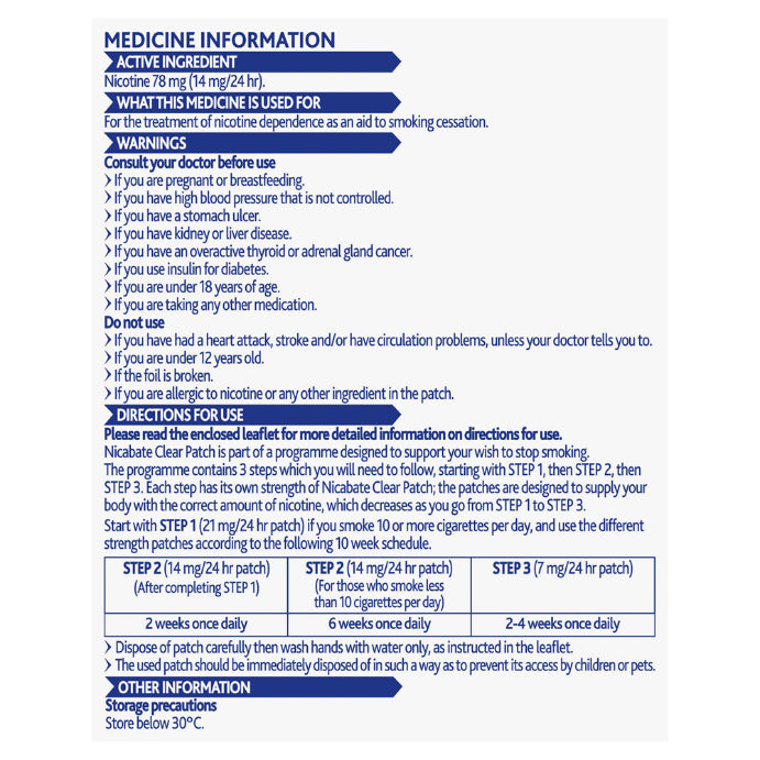 Nicabate Clear Patch Quit Smoking Step 2 14mg 7 Pack - Cutprice Online