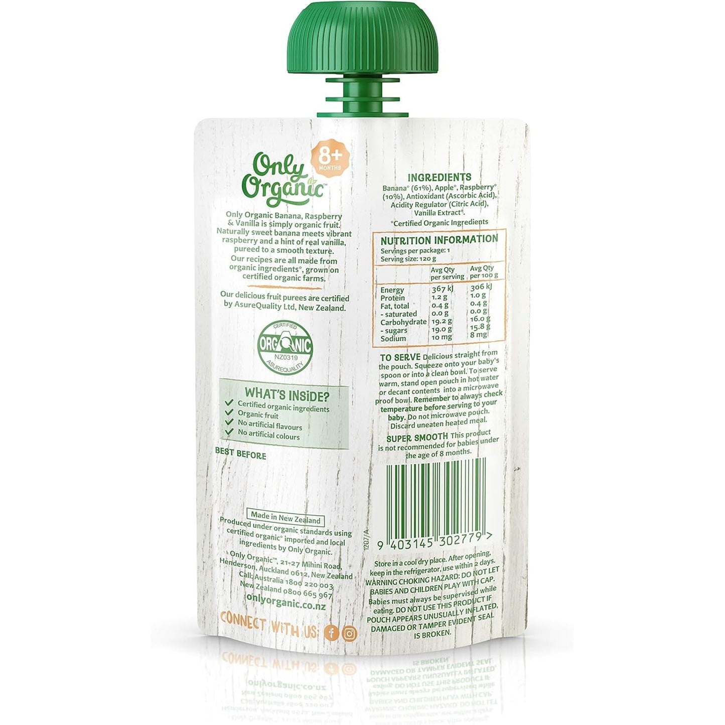 Only Organic Banana Raspberry & Vanilla 8+ Months 120g Pack of 6
