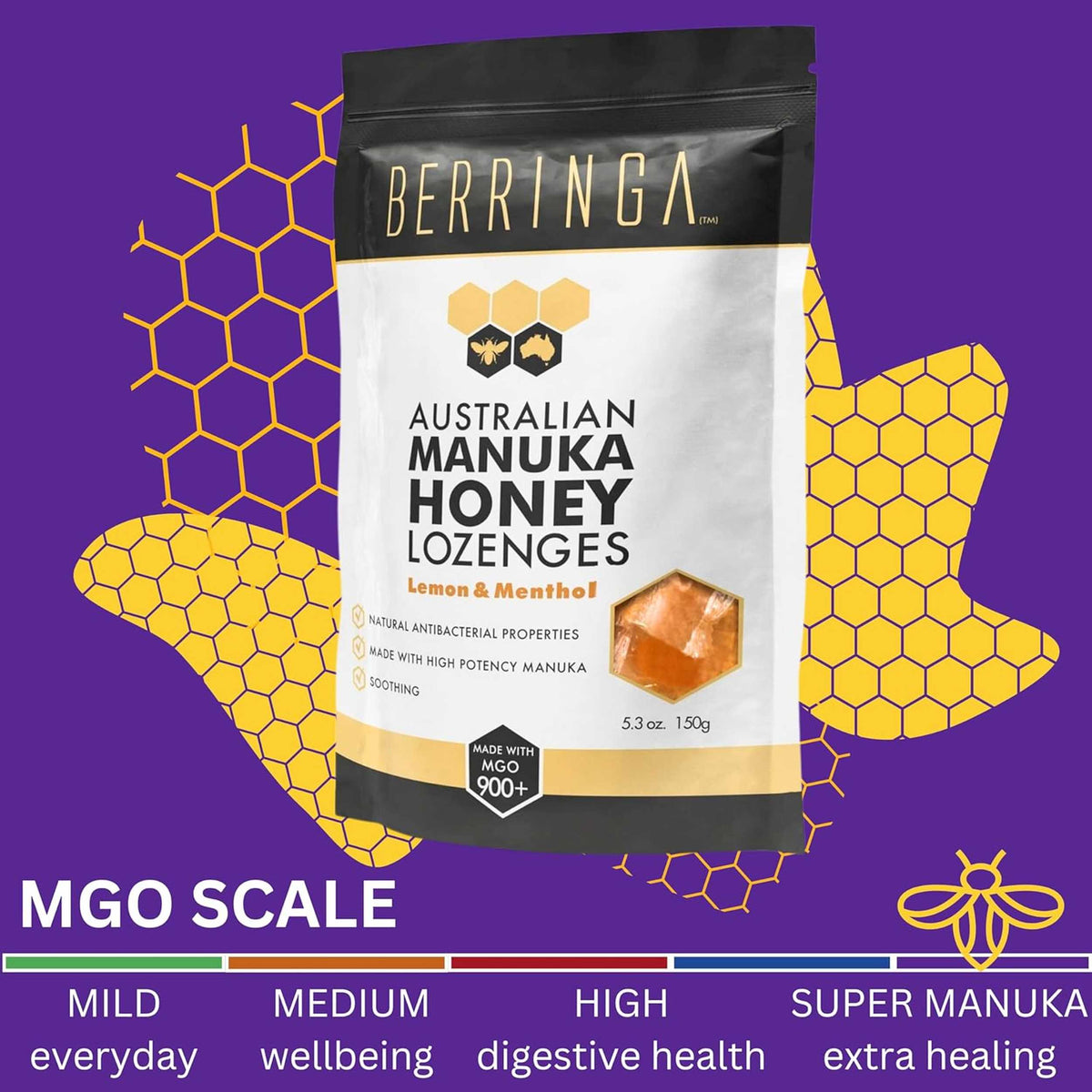 Berringa Australian Manuka Honey Lozenges Lemon & Menthol (Made With MGO 900+) X 30 Pack (150g)