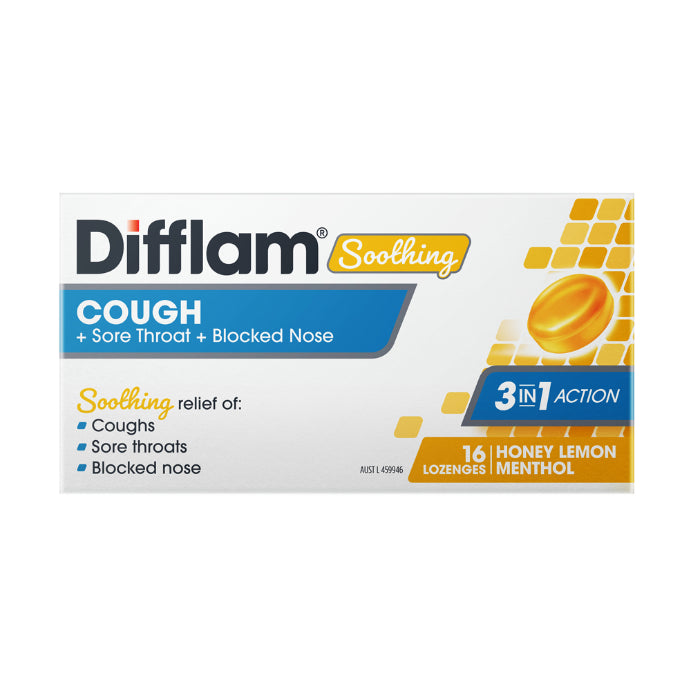 Difflam Soothing Cough + Sore Throat + Blocked Nose Honey Lemon Menthol 16 Lozenges - Cutprice Online