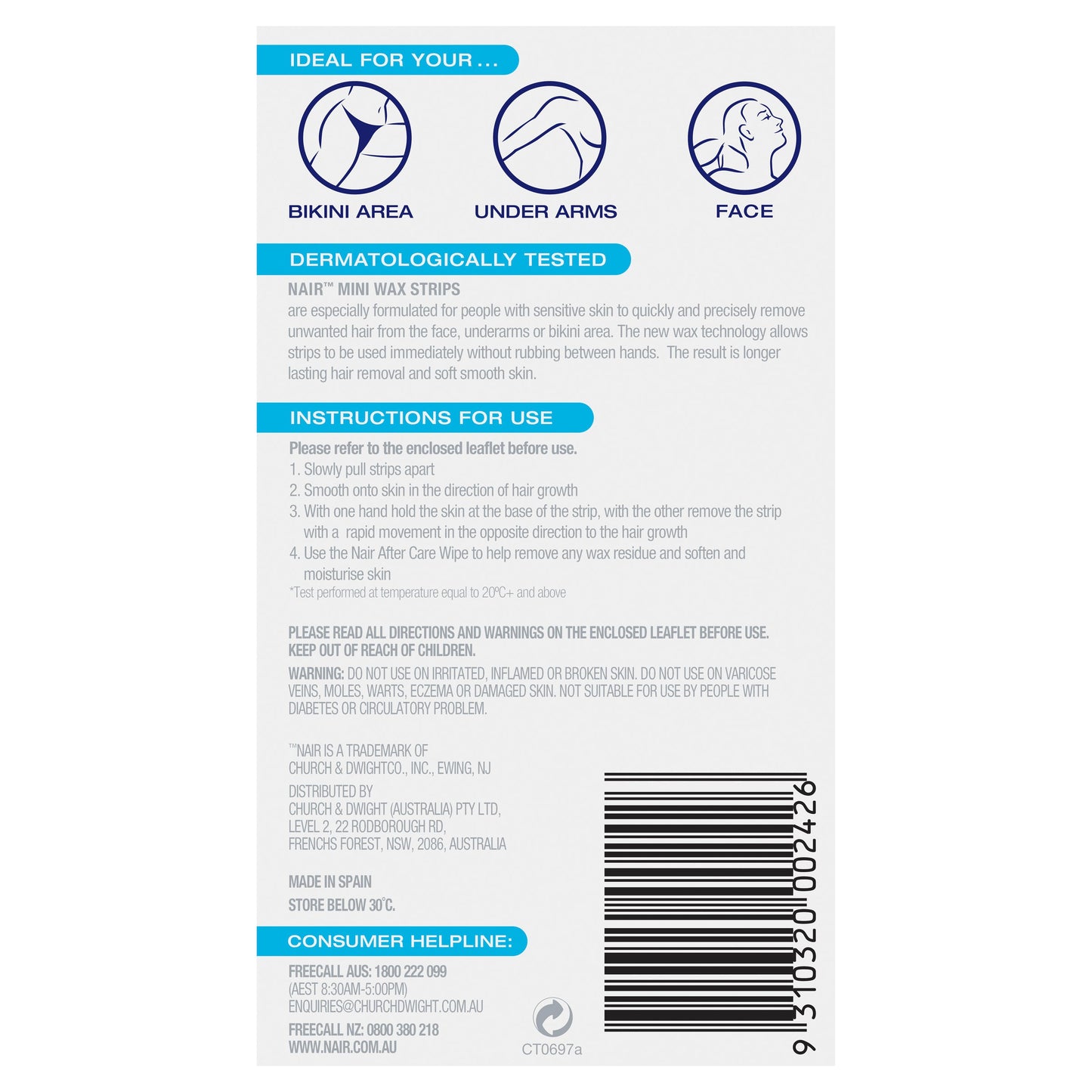 NAIR Sensitive Mini Wax Strips Face & Sensitive Areas 20 Pack - Cutprice Online
