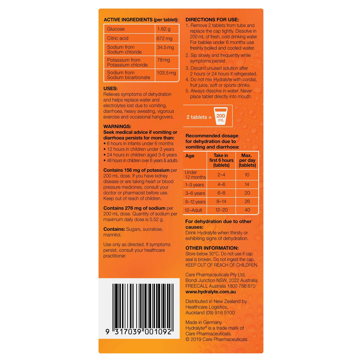 Hydralyte Orange Flavoured Effervescent Electrolyte Tablets 40 Pack