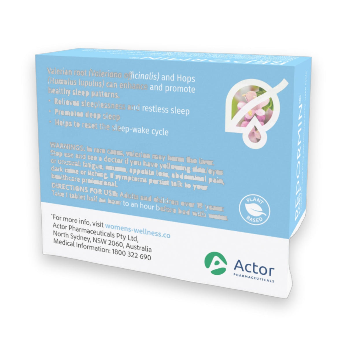 A blue and white box of Actor Pharmaceuticals Valerian root and Hops sleep support supplement, featuring product details, warnings, and a plant illustration on a white background.