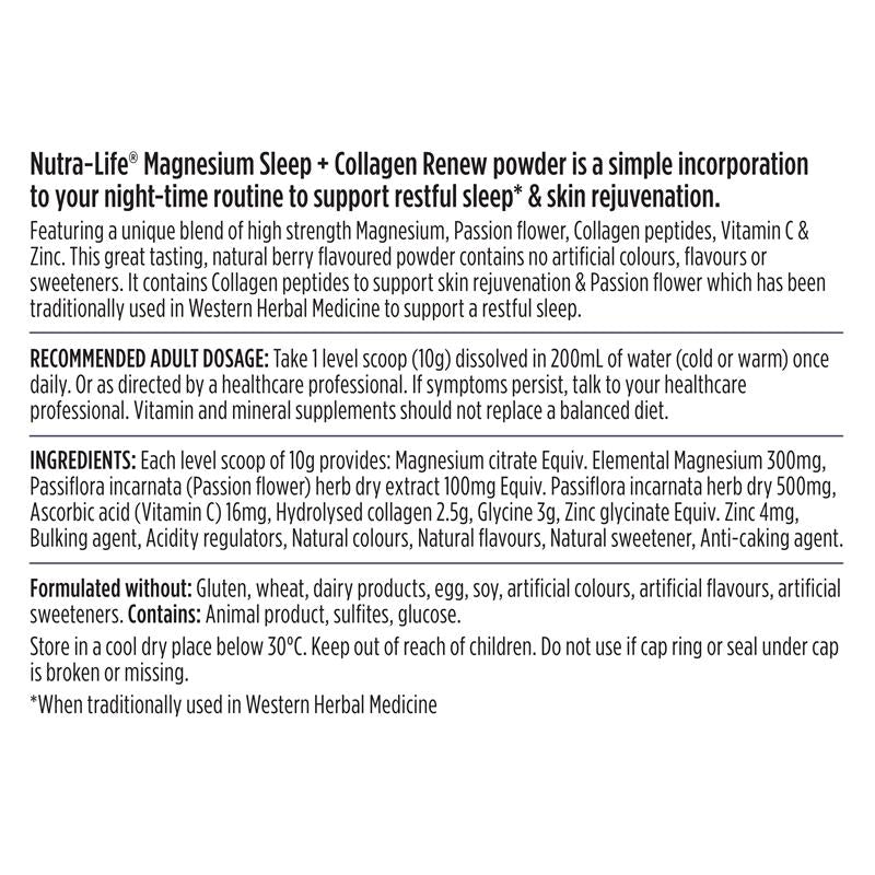 Nutra-Life Magnesium Sleep + Collagen Renew Berry Flavoured Powder 250g NUTRA-LIFE