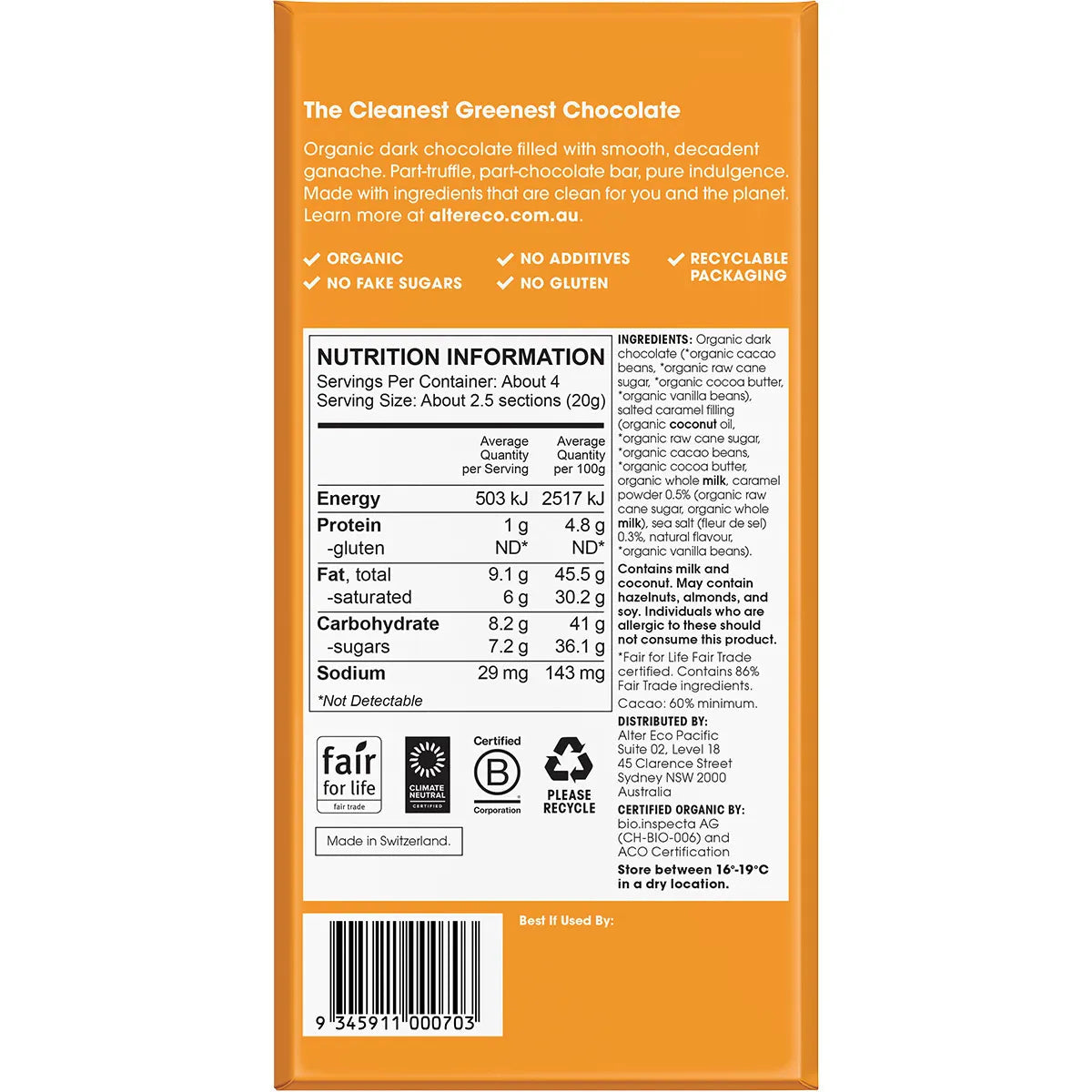 Alter Eco Chocolate Organic Salted Caramel Dark Truffle Thins 12x84g ALTER ECO