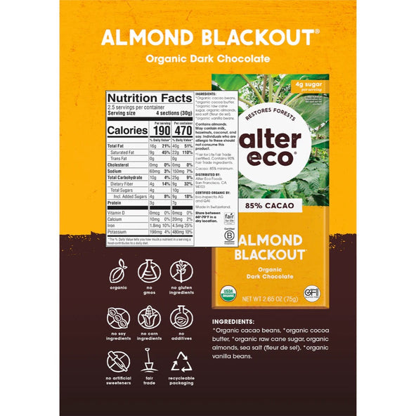 Alter Eco Chocolate Organic Dark Almonds Blackout 75g (Pack of 12) - Cutprice Online
