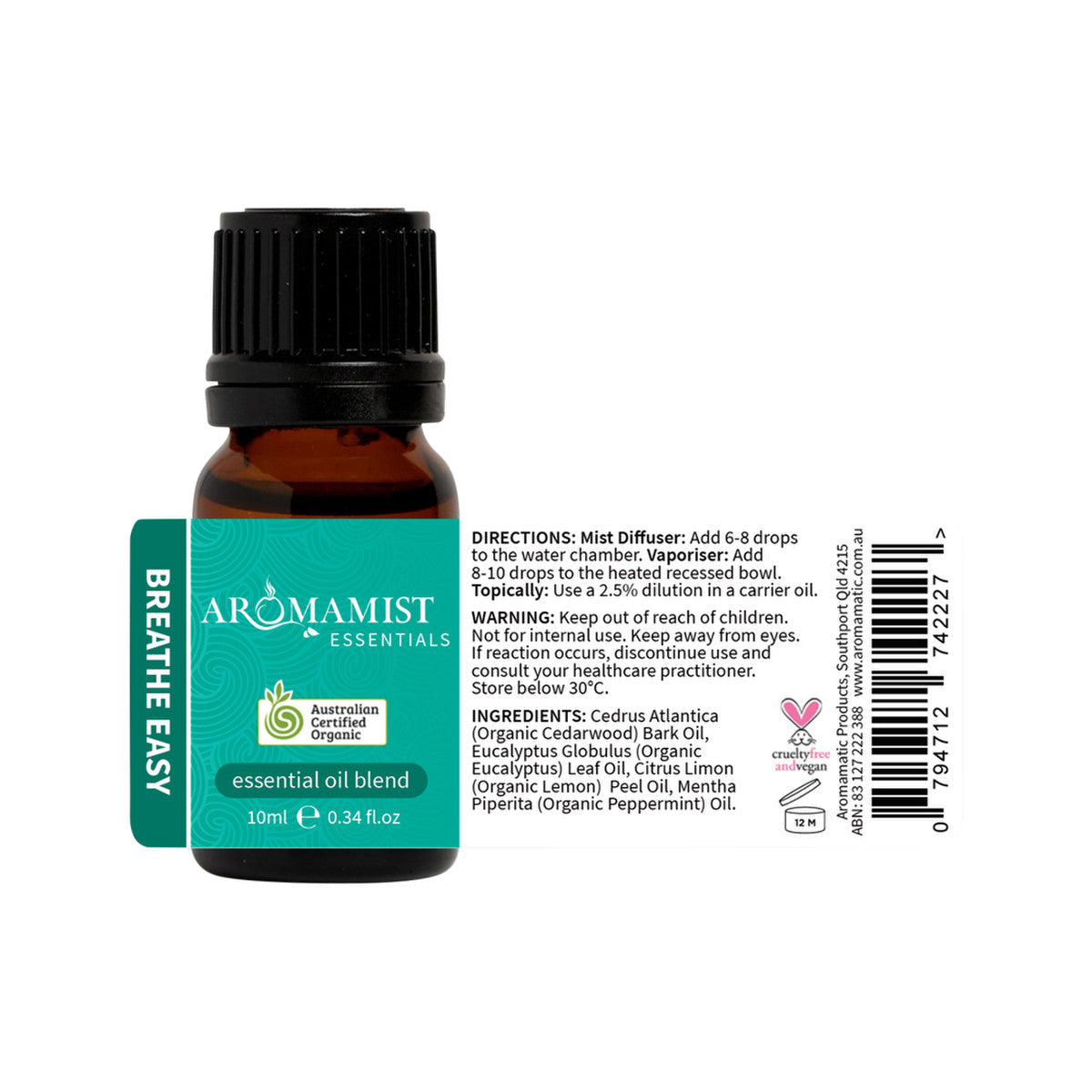 Aromamist Essentials Organic Essential Oil Blend Breathe Easy 10ml - Cutprice Online