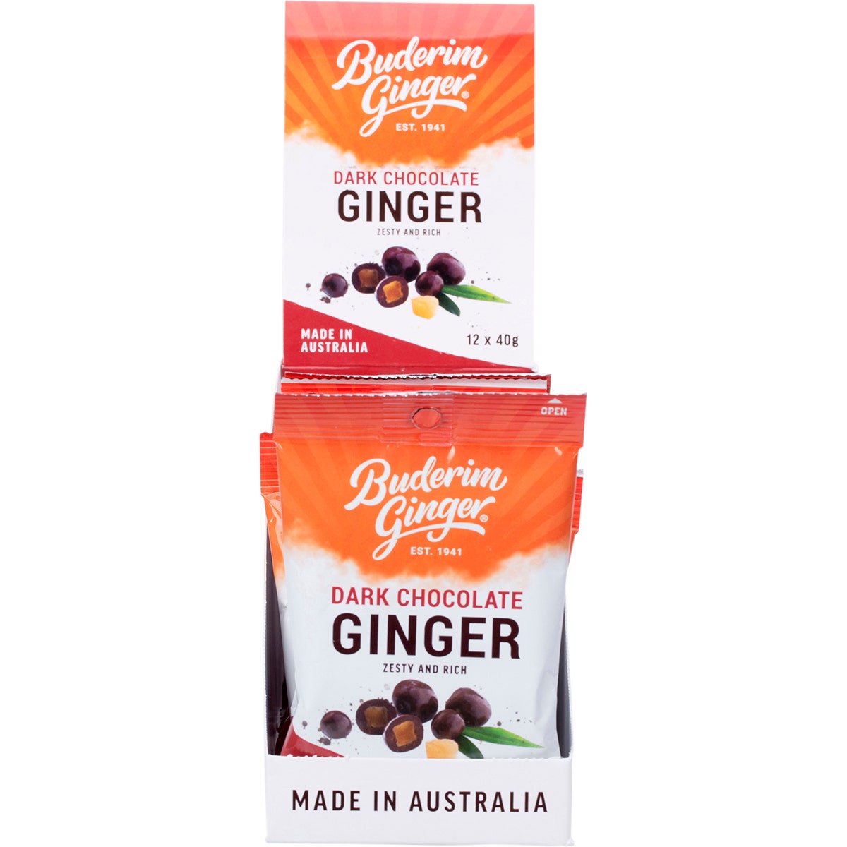 Buderim Ginger Dark Chocolate Ginger Zesty and Rich 12x40g - Cutprice Online