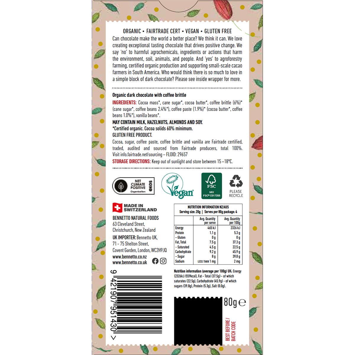 Bennetto Organic Dark Chocolate 60% Dark Coffee 80g x 12 Pack