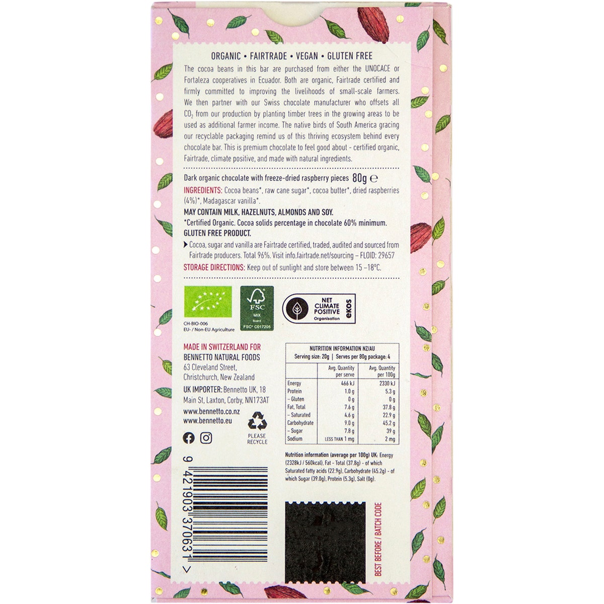 Bennetto Organic Dark Chocolate Raspberries in Dark 12x80g - Cutprice Online