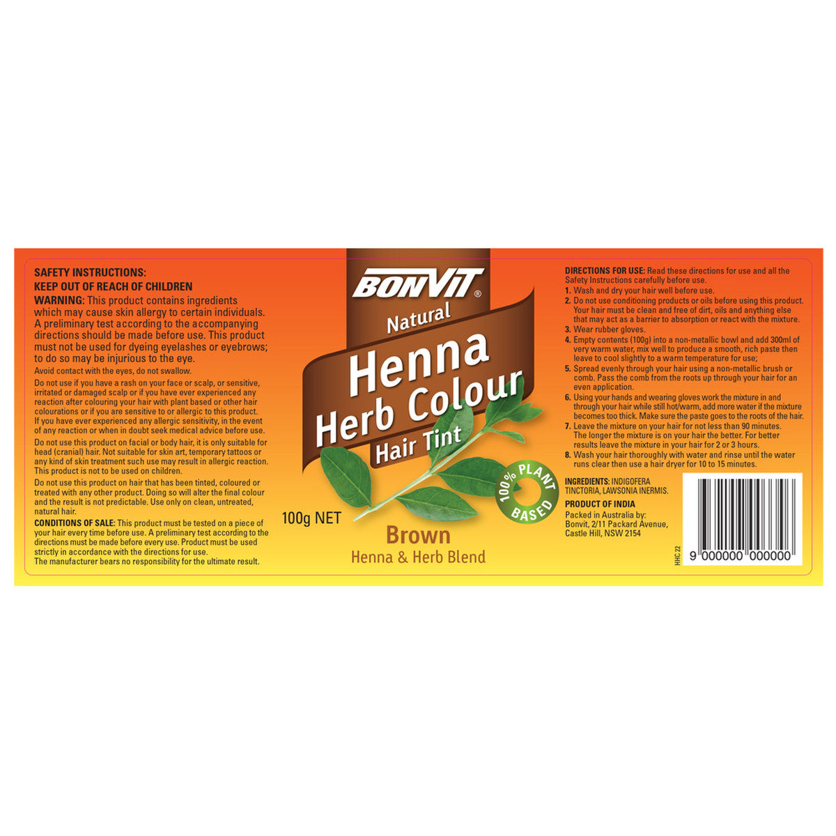 Bonvit Natural Hair Tint Henna Herb Colour (Henna & Herb Blend) Brown 100g - Cutprice Online