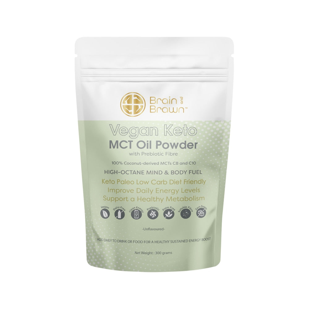 Brain and Brawn Vegan Keto MCT Oil Powder (with Prebiotic Fibre) Unflavoured 300g - Cutprice Online
