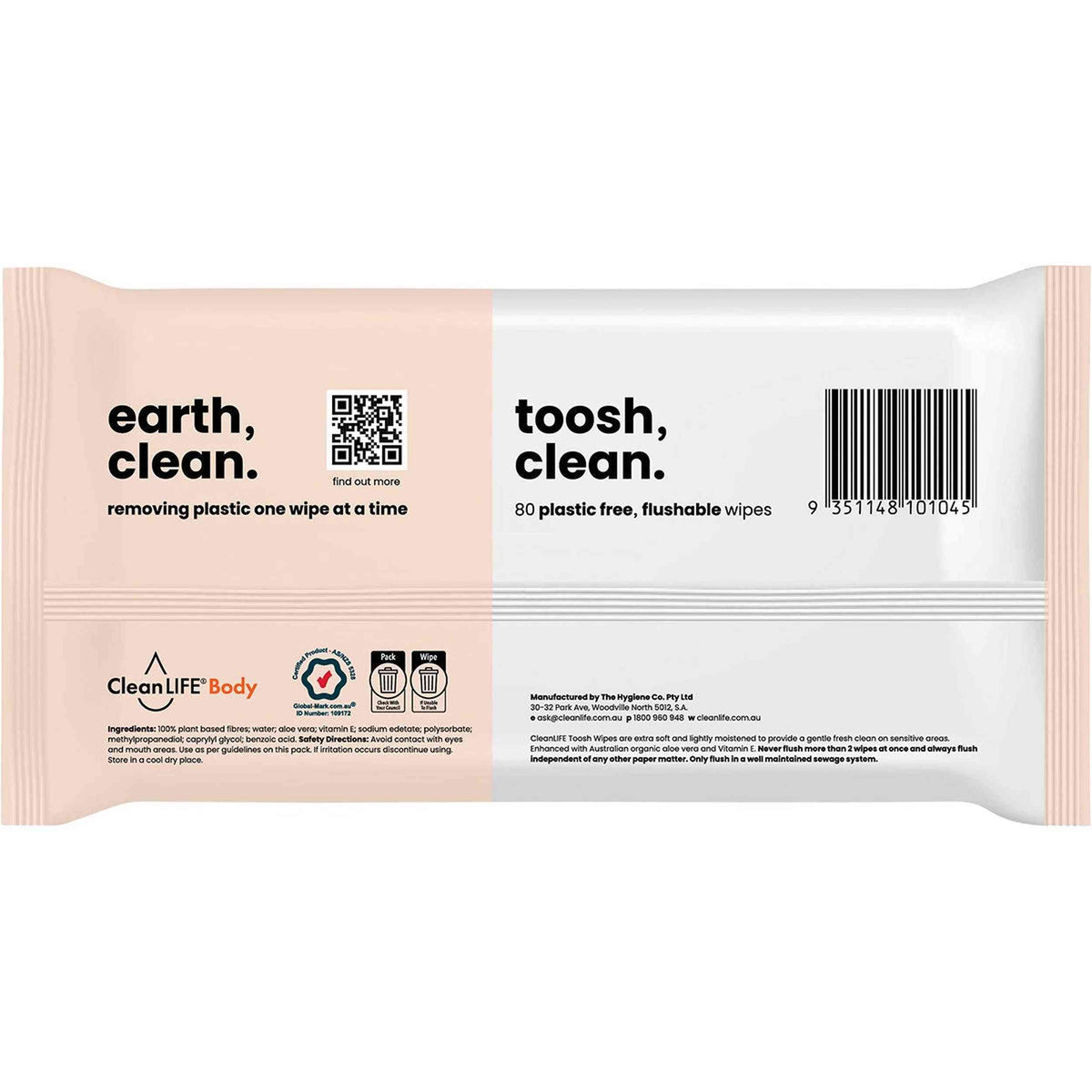CLEANLIFE Flushable Plastic Free Wipes Toosh Clean 80pk
