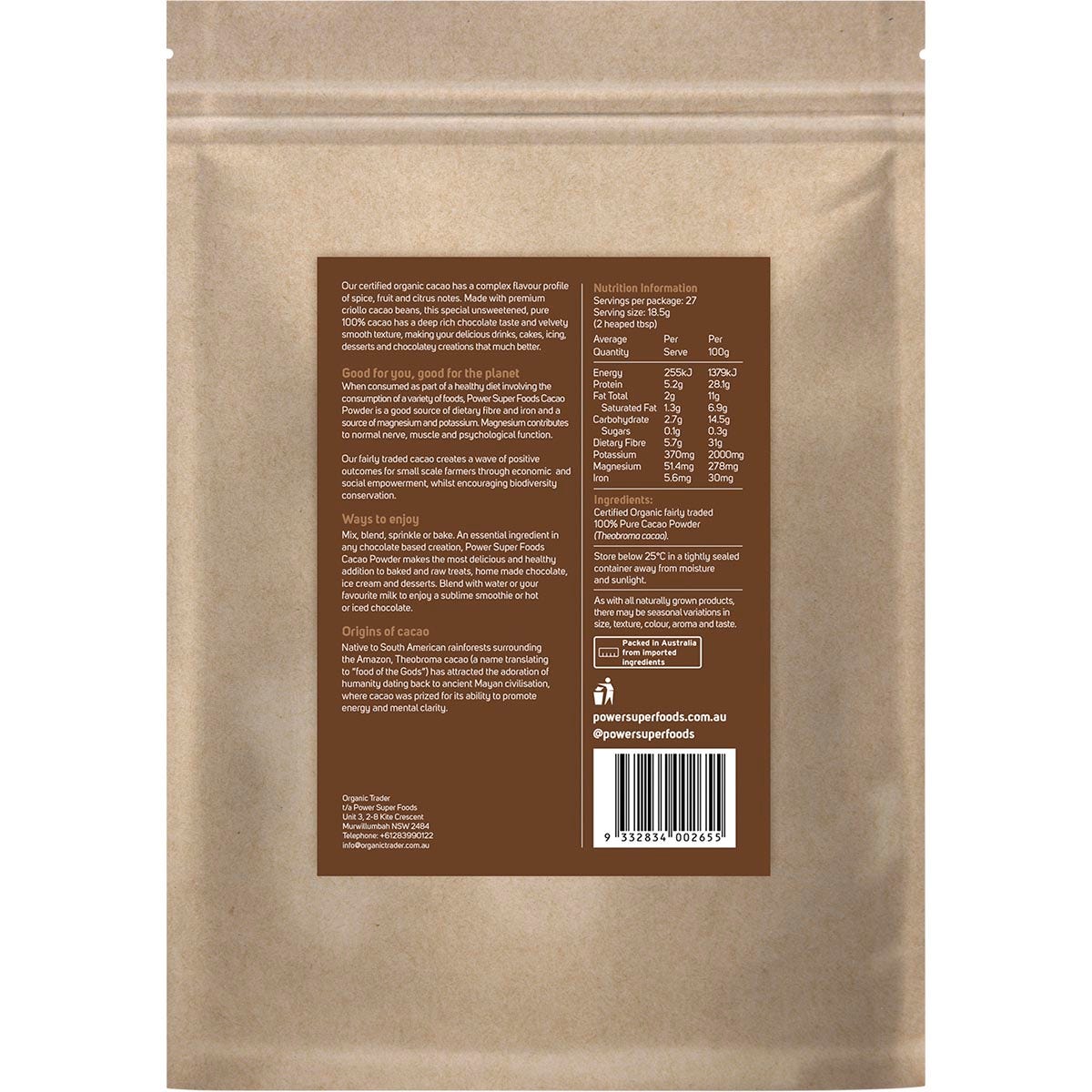 Power Super Foods Cacao Powder Kraft Bag Certified Organic 500g - Cutprice Online