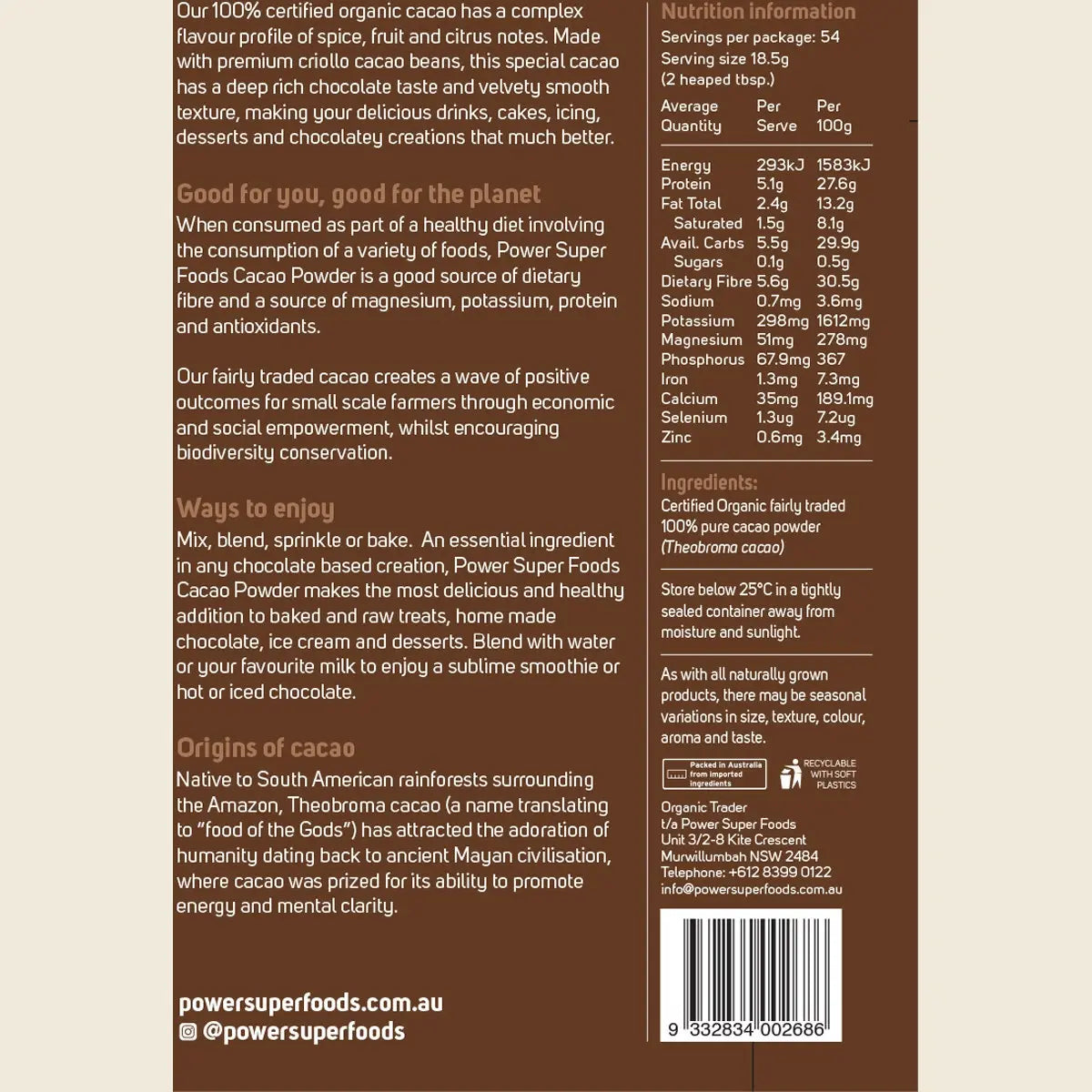 POWER SUPER FOODS Cacao Powder "The Origin Series" 1kg POWER SUPER FOODS