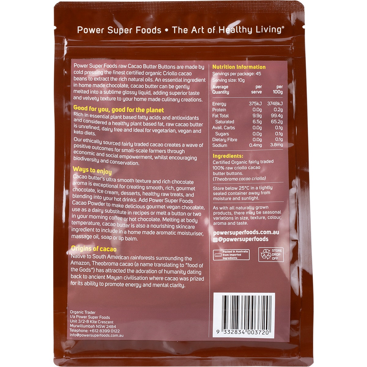 POWER SUPER FOODS Cacao Butter Buttons The Origin Series 450g - Cutprice Online
