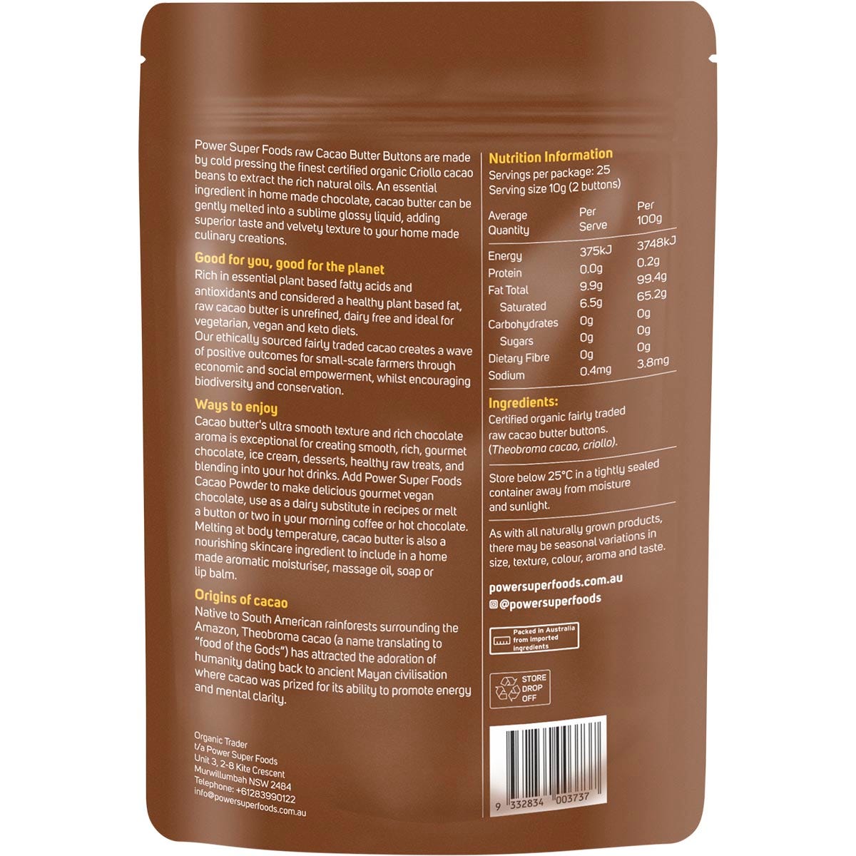 Power Super Foods Cacao Butter Buttons Raw Certified Organic 250g - Cutprice Online