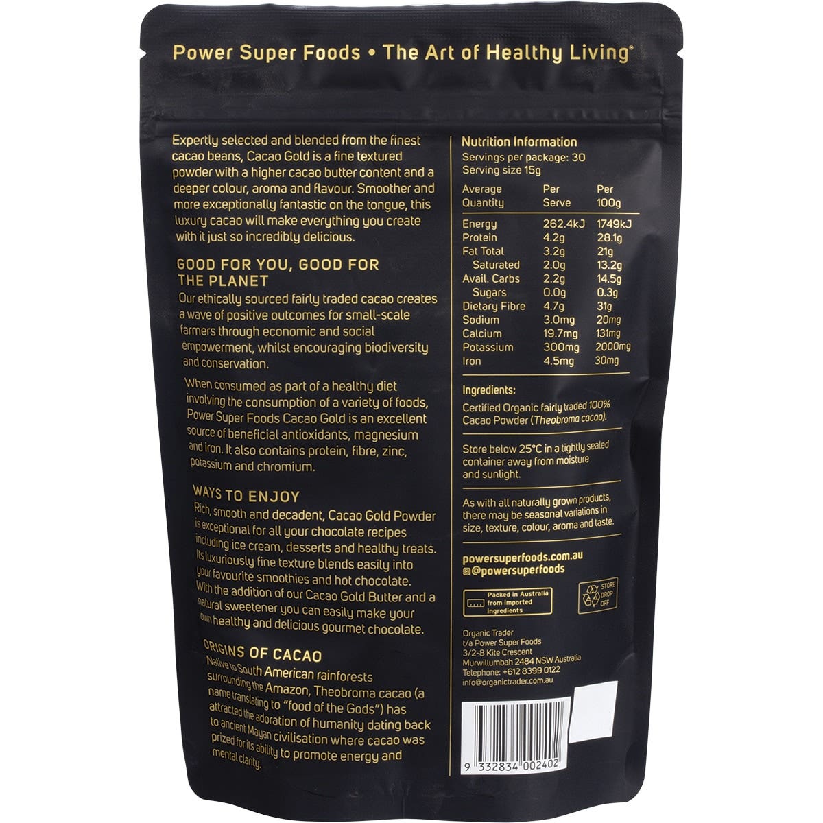 Power Super Foods Cacao Gold Org Cacao Powder 225g - Cutprice Online
