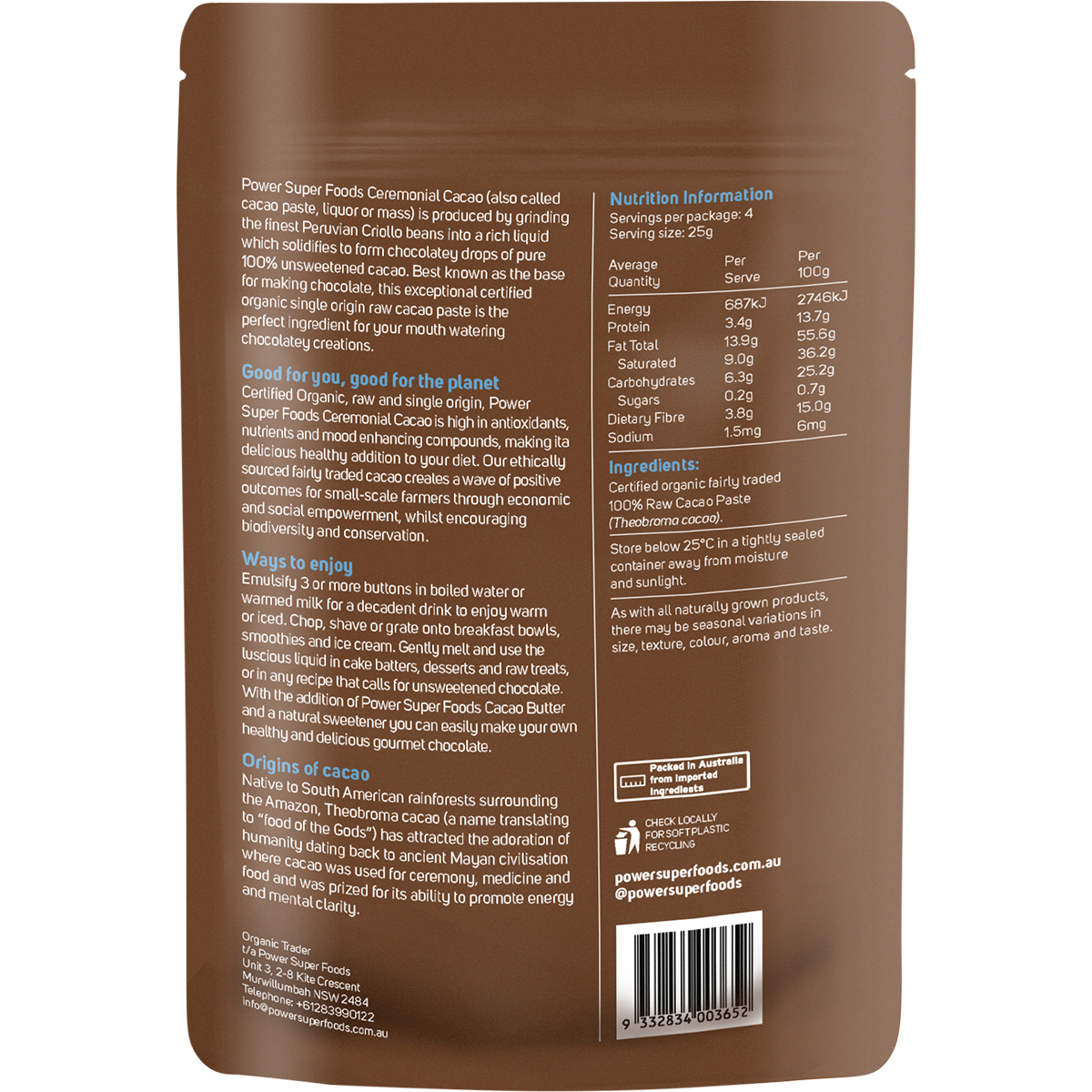 Power Super Foods Ceremonial Grade Certified Organic Cacao Paste Buttons 100g