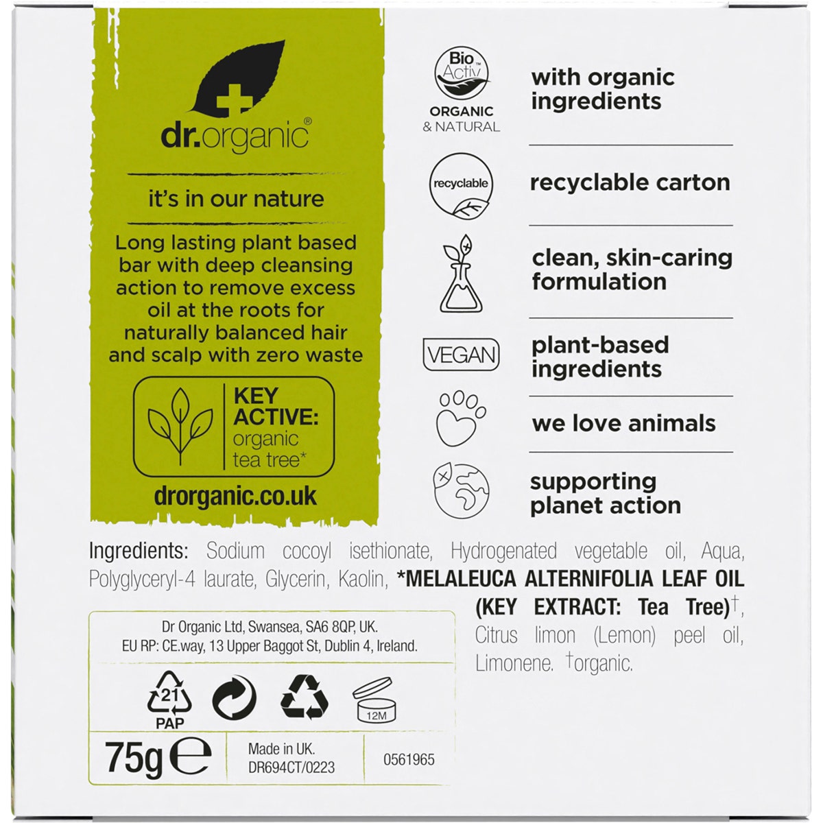 DR ORGANIC Shampoo Bar Tea Tree & Lemon Oily Roots & Scalp 75g - Cutprice Online