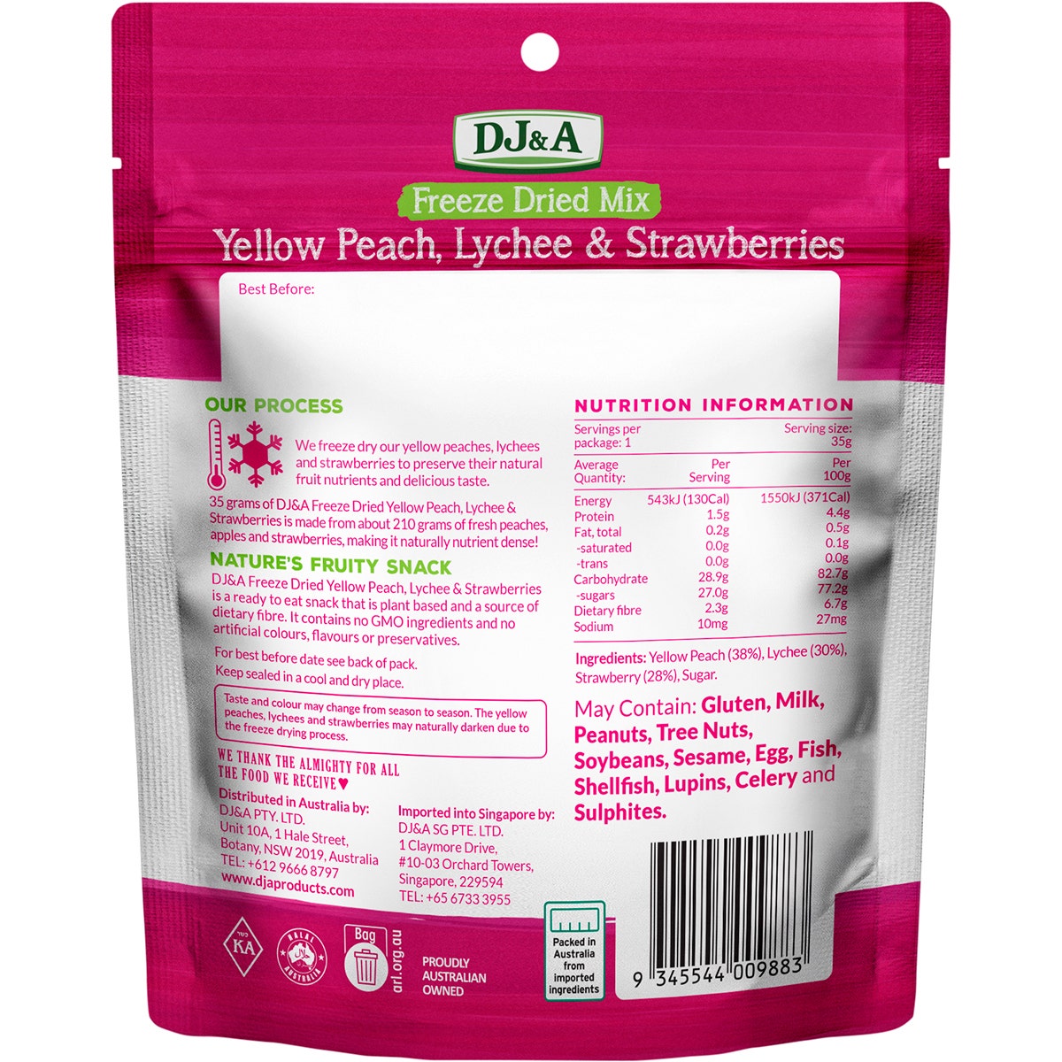DJ&A Freeze Dried Yellow Peach, Lychee & Strawberries 10x35g - Cutprice Online