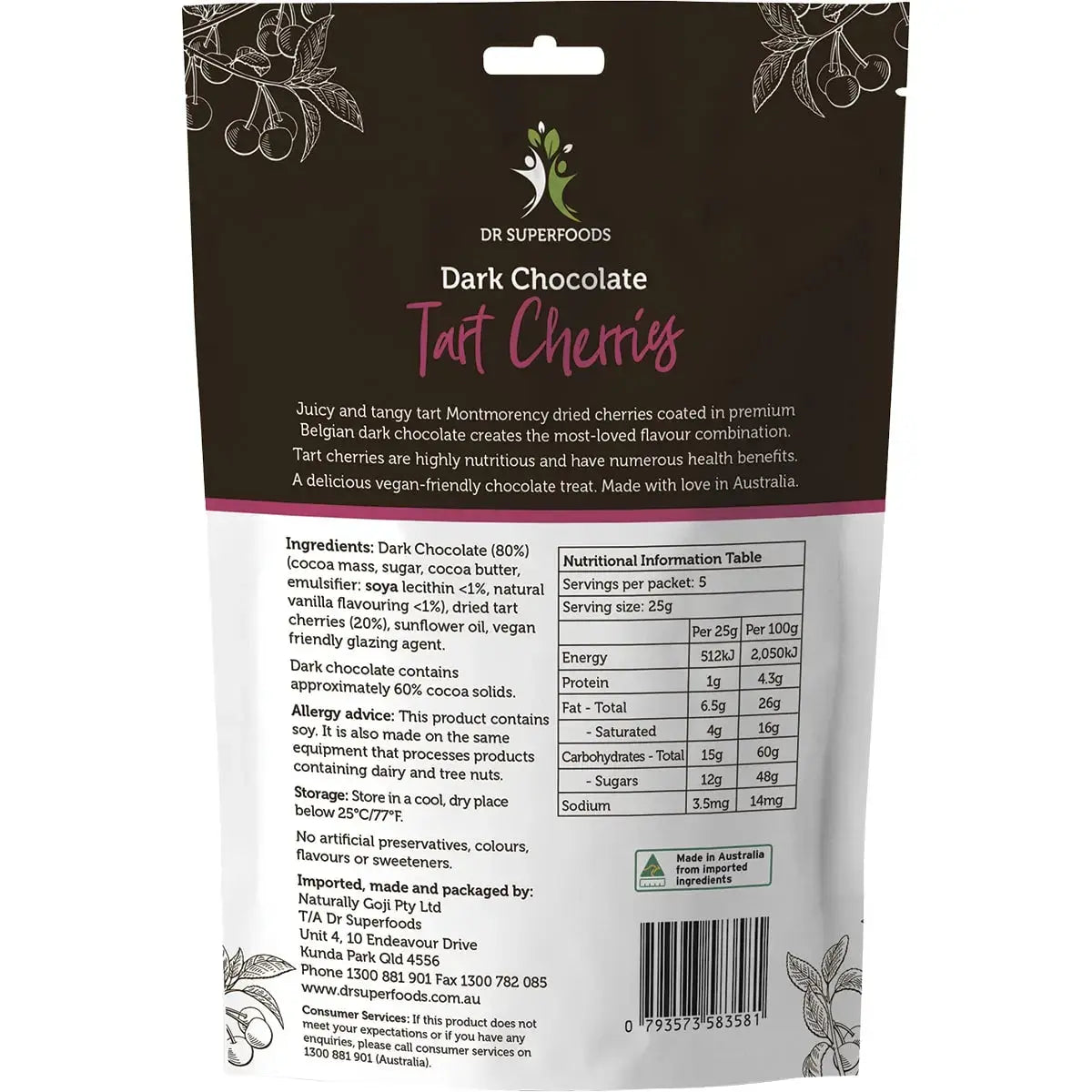 DR SUPERFOODS Tart Cherries Dark Chocolate 125g DR SUPERFOODS