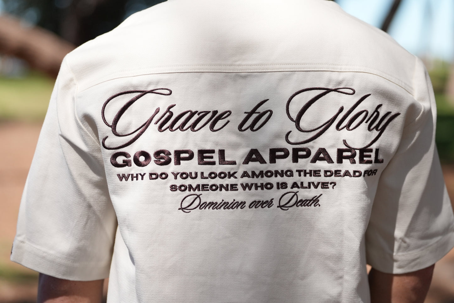 GOSPEL APAREL - BEIGE GRAVE TO GLORY BUTTON UP