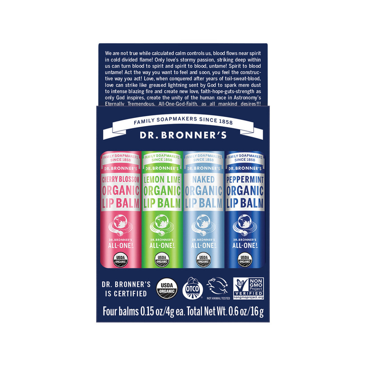Dr. Bronner's Organic Lip Balm 4g x 4 Pack (contains: Cherry Blossom, Lemon Lime, Naked & Peppermint) - Cutprice Online
